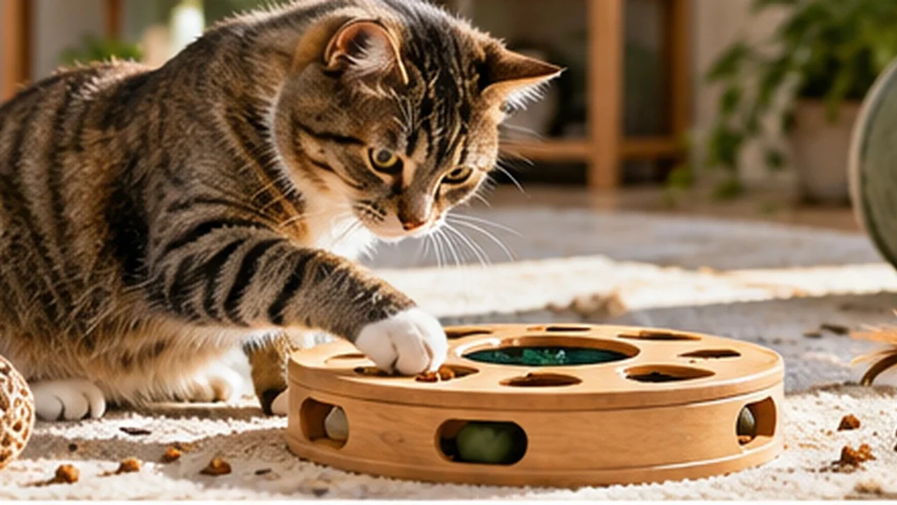 Illustration of an indoor tabby cat exploring a food puzzle